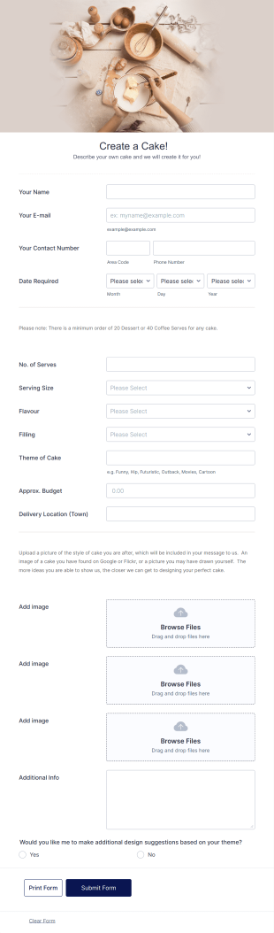 Theme Cake Order Form Template