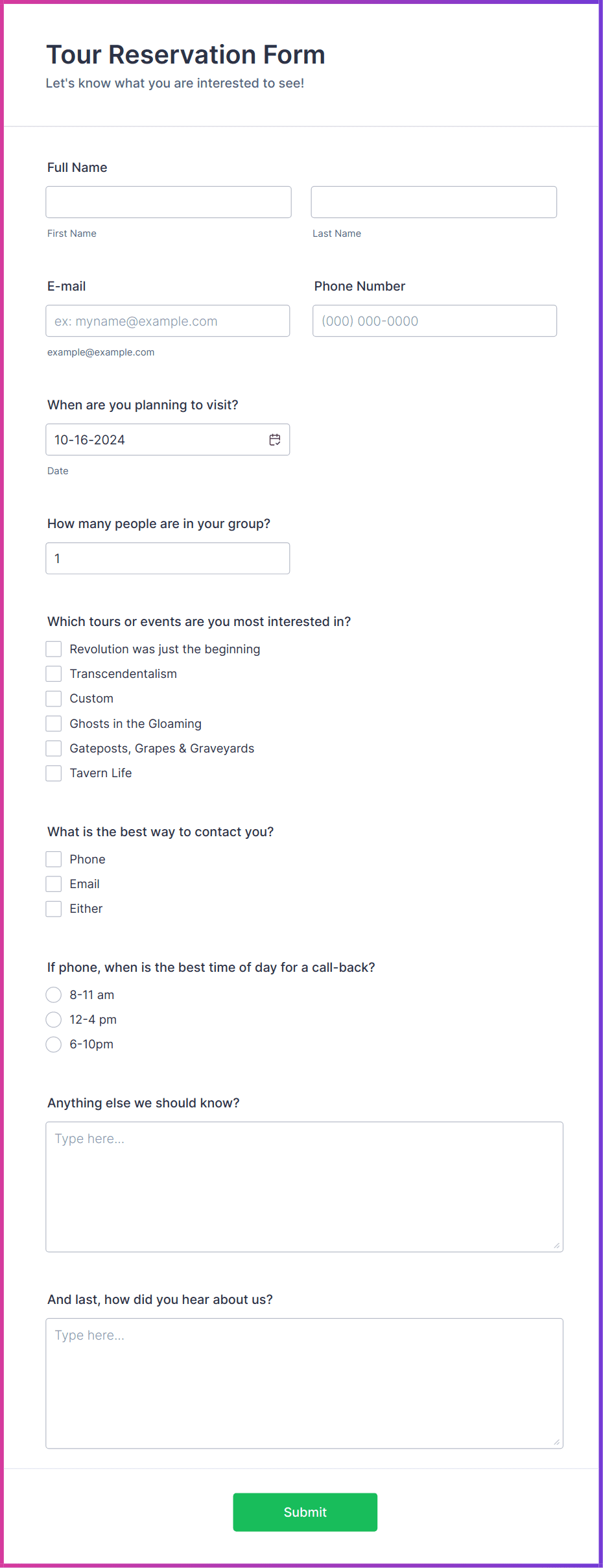 Tour Reservation Form Template | Jotform