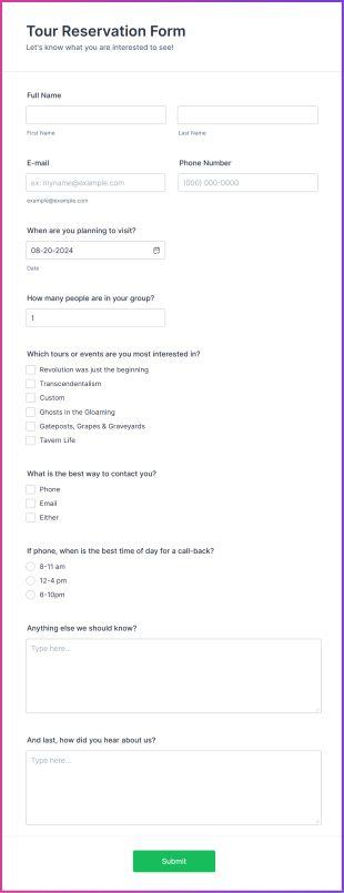 Tour Reservation Form Template