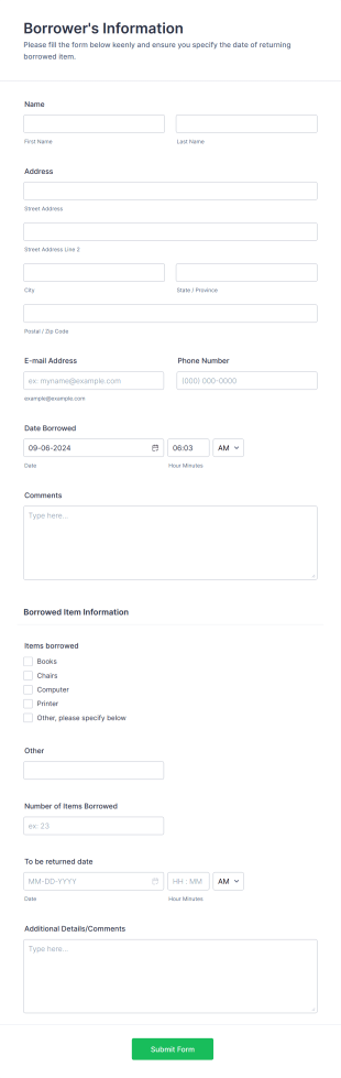 Track Borrowed Items Form Template