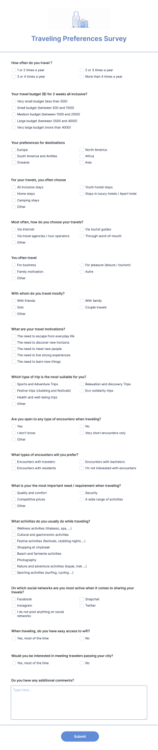 Traveling Preferences Survey Form Template