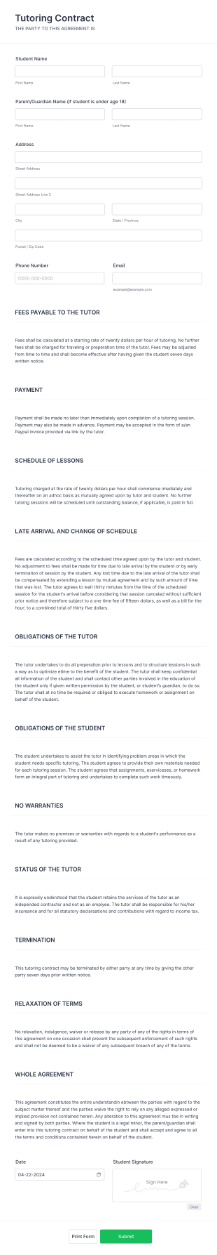 Tutoring Contract Form Template