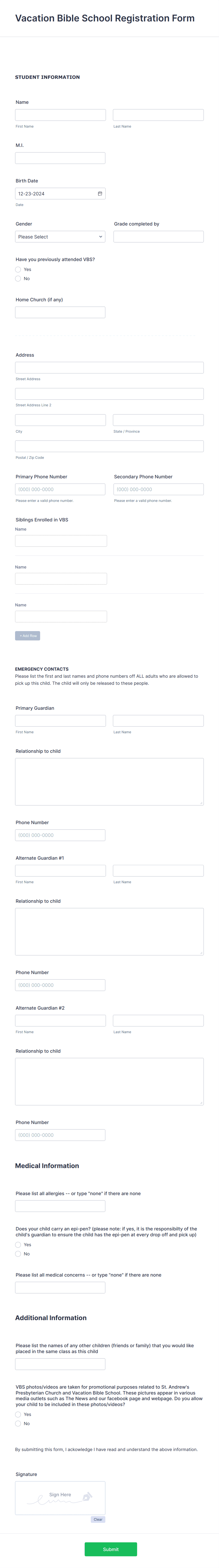 Vacation Bible School Registration Form Template | Jotform