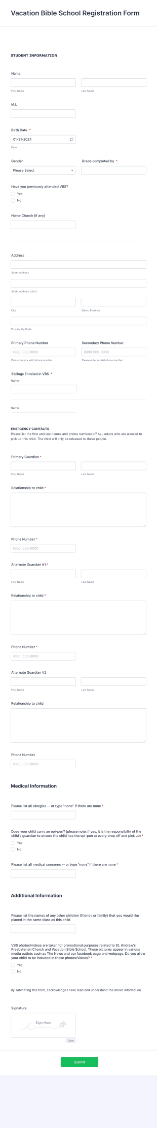 Vacation Bible School Registration Form Template