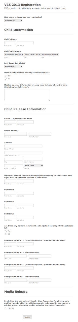 Church's Children Registration Form Template