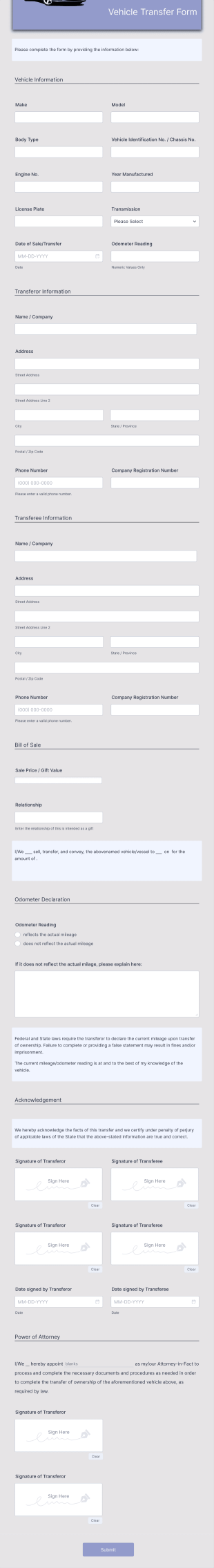 Vehicle Transfer Form Template