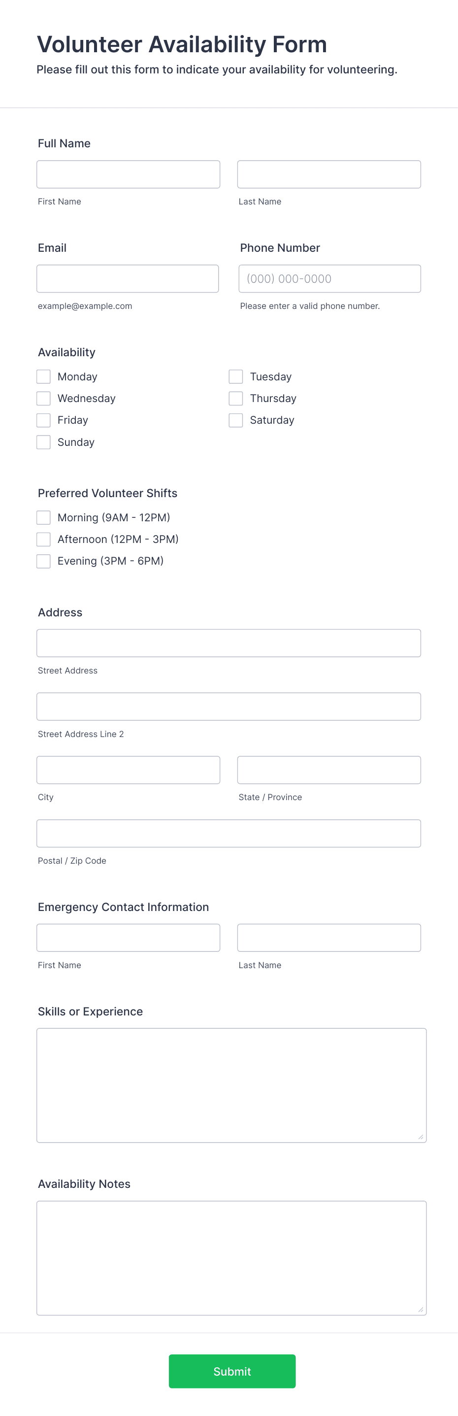 Volunteer Availability Form Template | Jotform