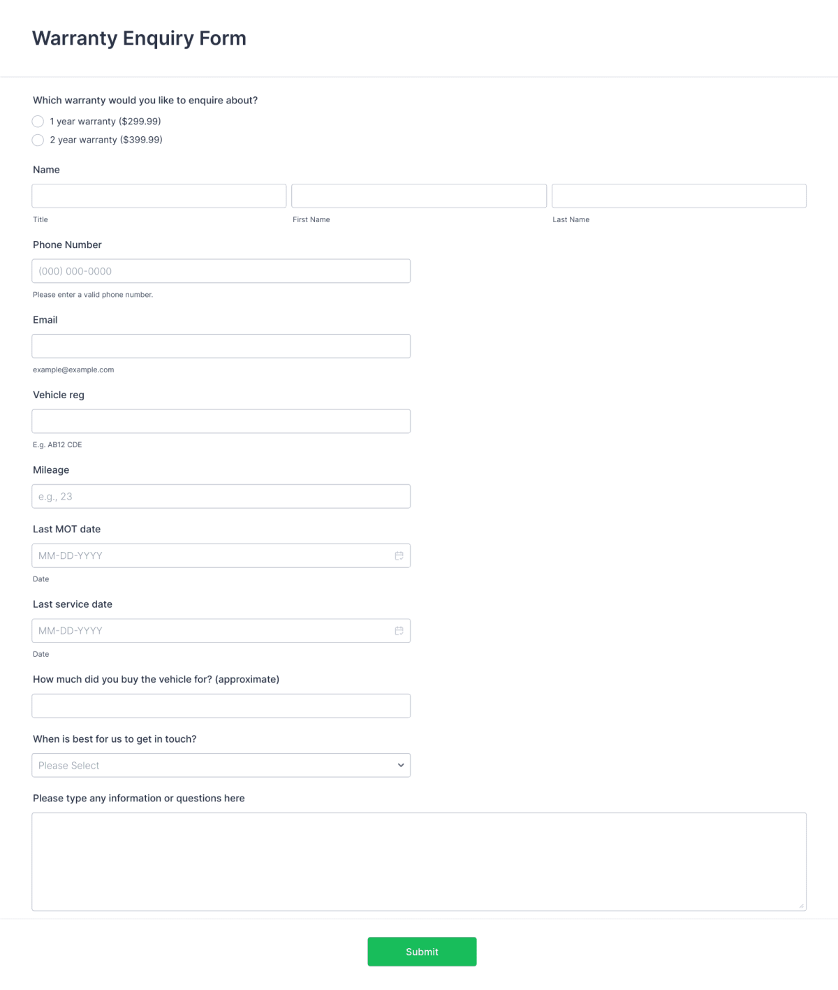 Warranty Enquiry Form Template | Jotform