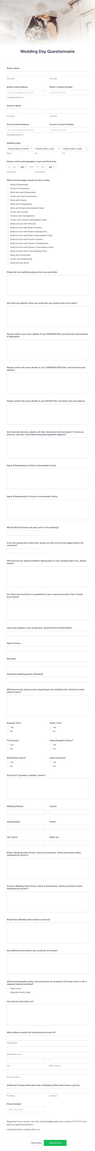 Wedding Day Questionnaire Form Template