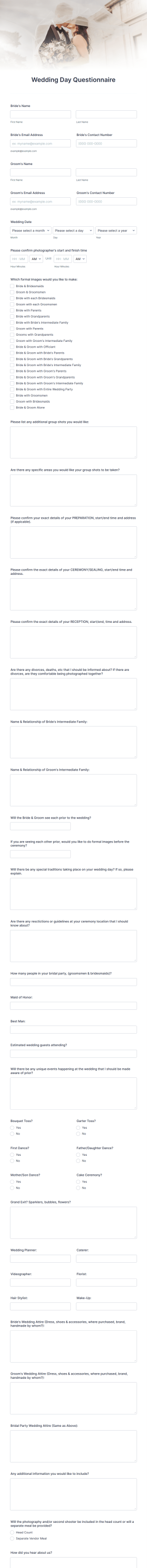 Wedding Day Questionnaire Form Template