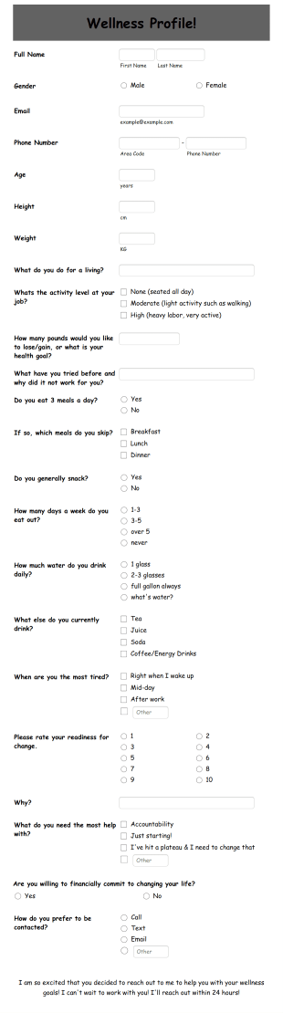 Wellness Coaching Questionnaire Form Template