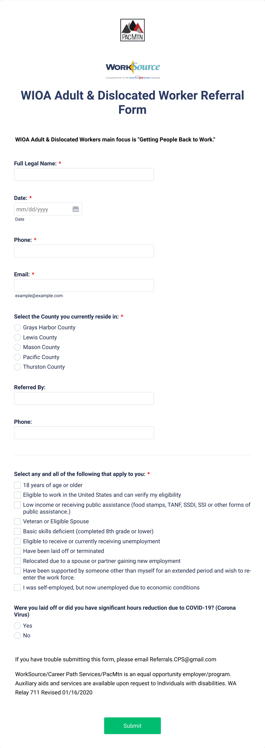 WIOA Adult &Dislocated Worker Referral Form Template | Jotform