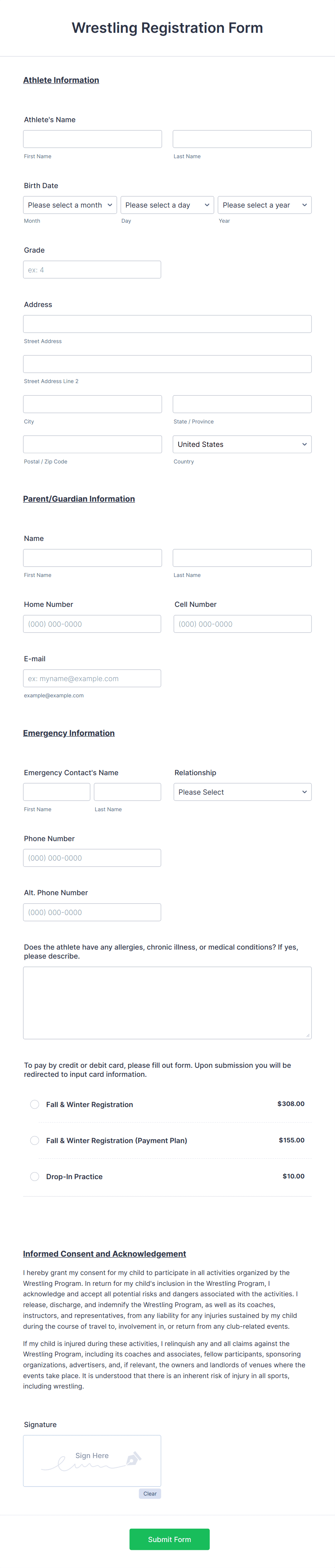 Wrestling Registration Form Template 