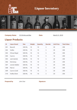 Beverage Inventory - PDF Templates
