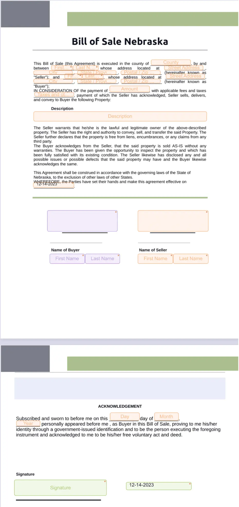 Bill of Sale Nebraska Sign Templates Jotform