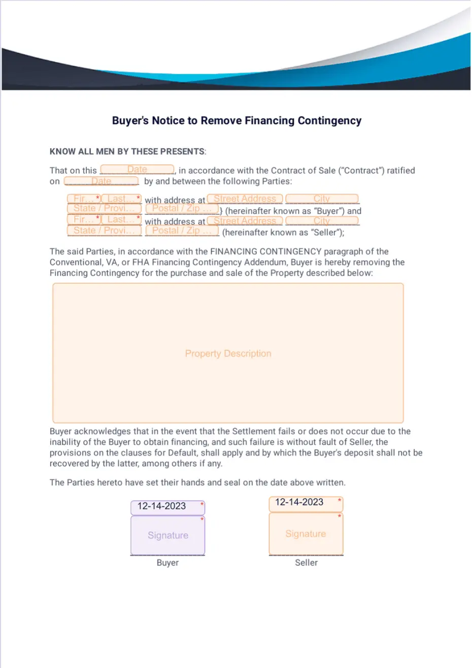 Buyers Notice to Remove Financing Contingency Template