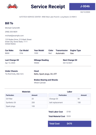 Car Service Receipt Template - PDF Templates