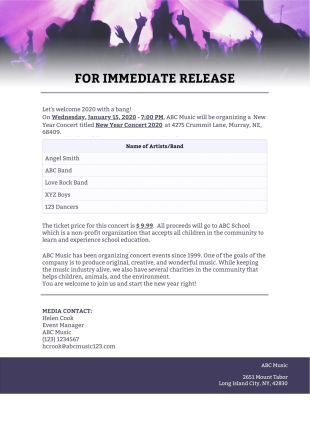 Concert Press Release Template - PDF Templates