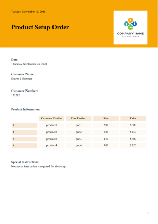 Customer Product Setup Order - PDF Templates