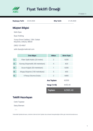 Fiyat Teklifi Örneği - PDF Templates
