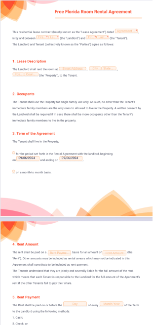 Free Florida Room Rental Agreement Template - PDF Templates