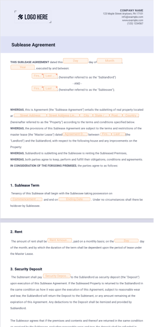 Free Sublease Agreement Template - PDF Templates