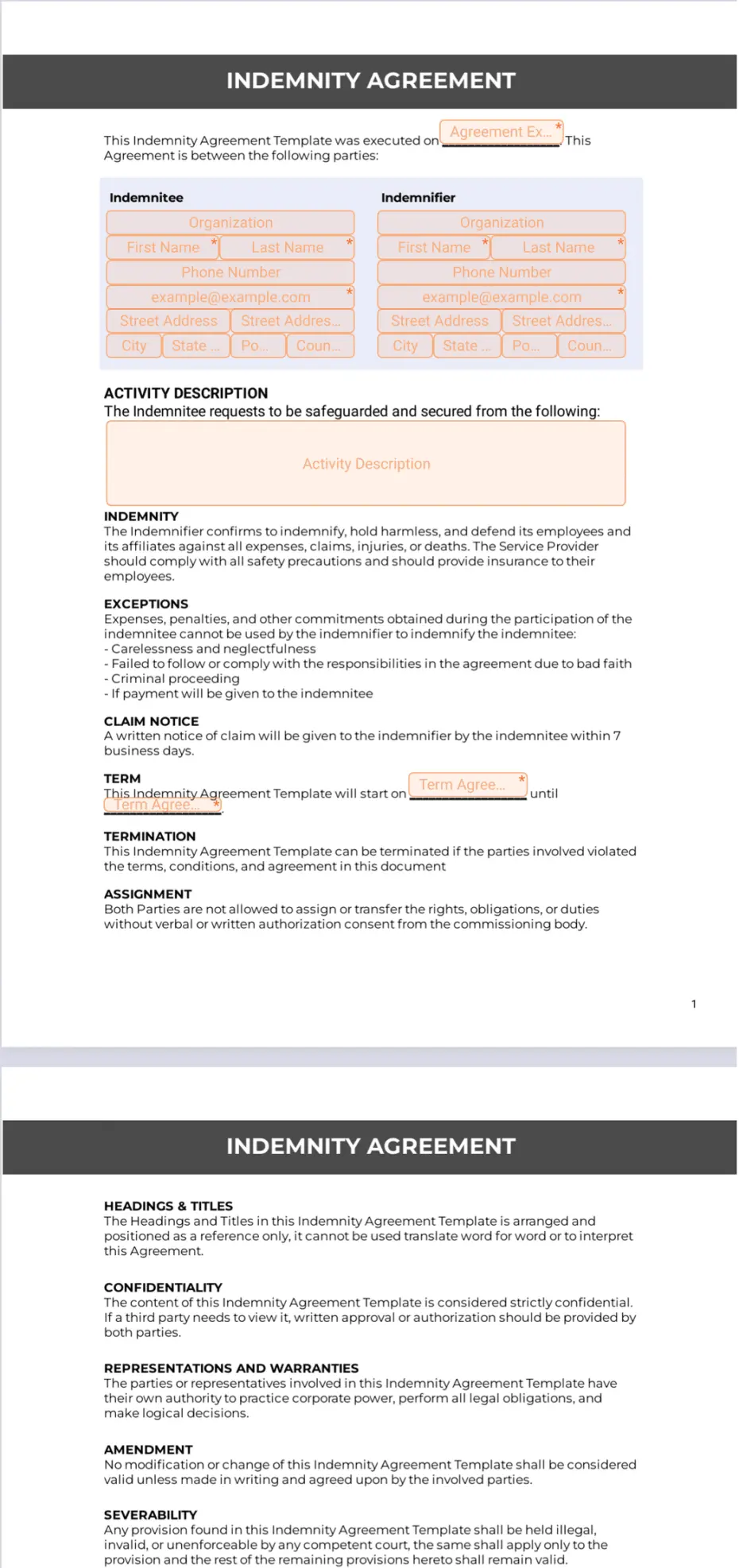 Indemnity Agreement Template Sign Templates Jotform