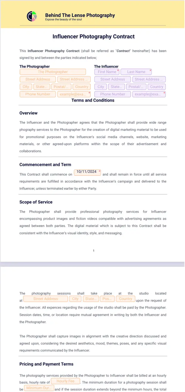 Influencer Photography Contract Template