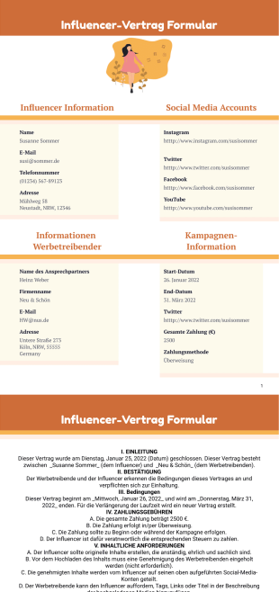 Influencer Vertrag Vorlage - PDF Templates