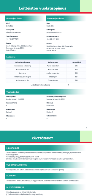 Laitteiston vuokrasopimus - PDF Templates