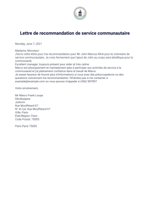 Lettre de recommandation de service communautaire - PDF Templates
