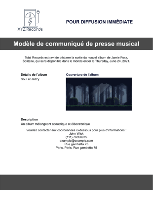 Modèle de communiqué de presse musical - PDF Templates