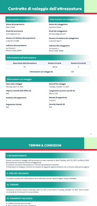 Modello di contratto di noleggio dell'attrezzatura - PDF Templates