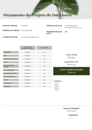 Modelo de Orçamento de Projeto de Interiores - PDF Templates