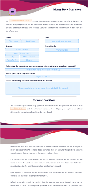 Money Back Guarantee Form - PDF Templates