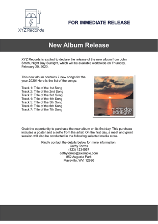 Music Press Release Template - PDF Templates