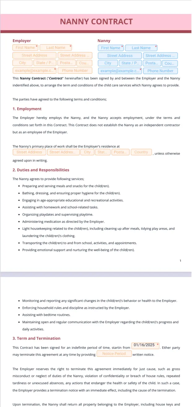 Nanny Contract Template