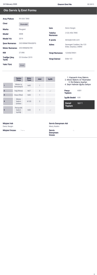 Oto Servis İş Emri Formu Örneği - PDF Templates
