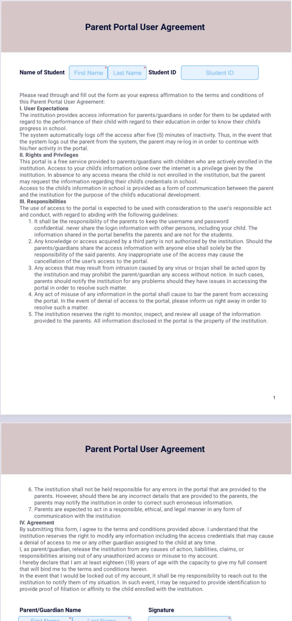 Parent Portal User Agreement