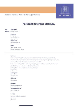 Personel Referans Mektubu - PDF Templates