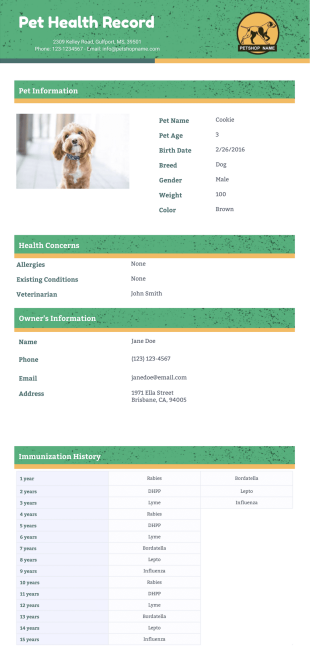 Pet Health Record Template - PDF Templates