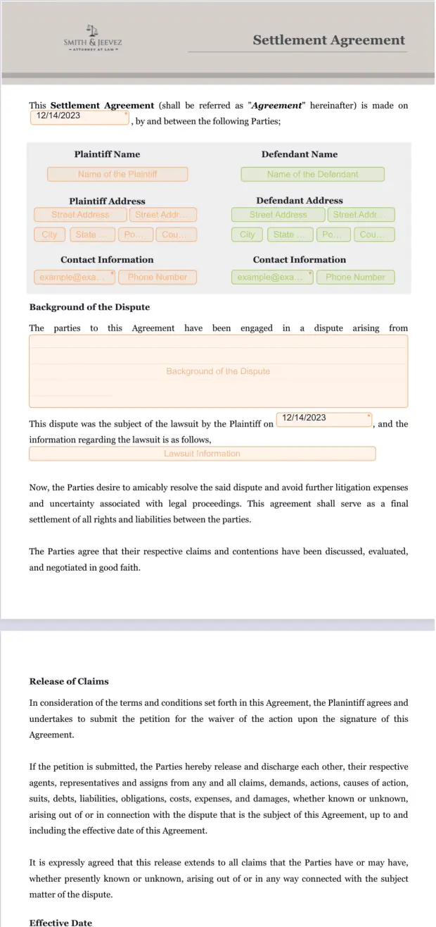 Settlement Agreement Template