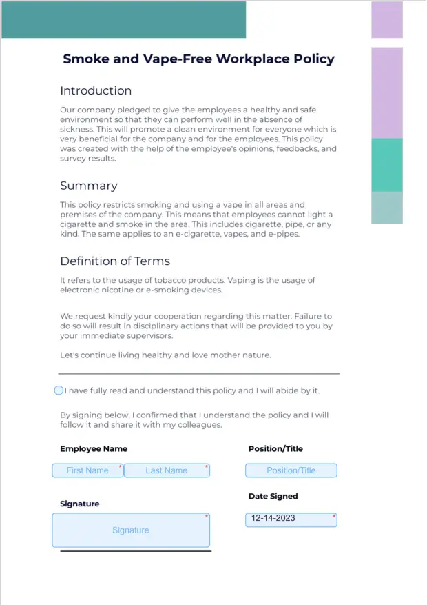 Smoke and Vape Free Workplace Policy Template