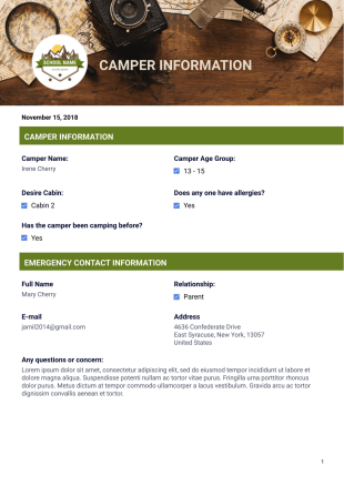 Summer Camp Emergency Contact - PDF Templates