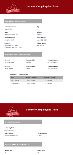 Summer Camp Physical Form - PDF Templates