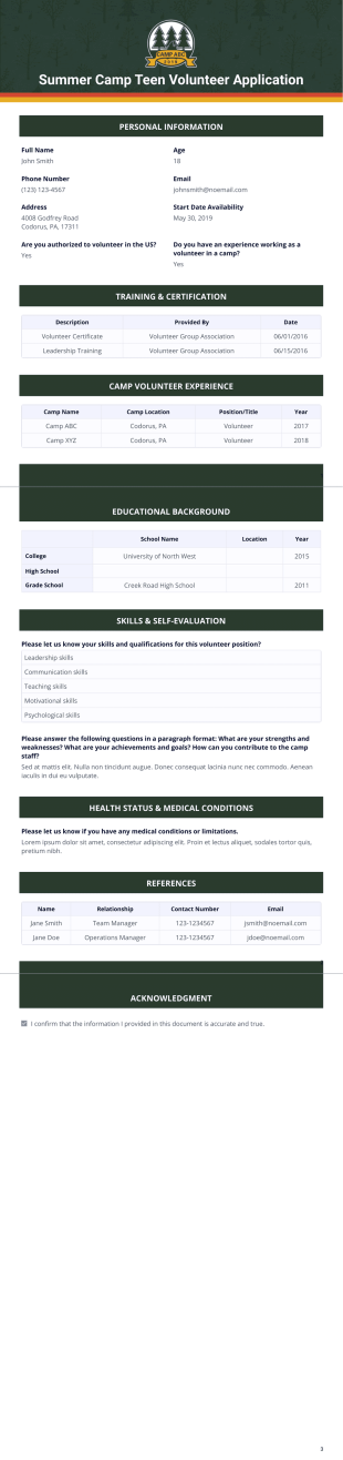 Summer Camp Teen Volunteer Application Template - PDF Templates