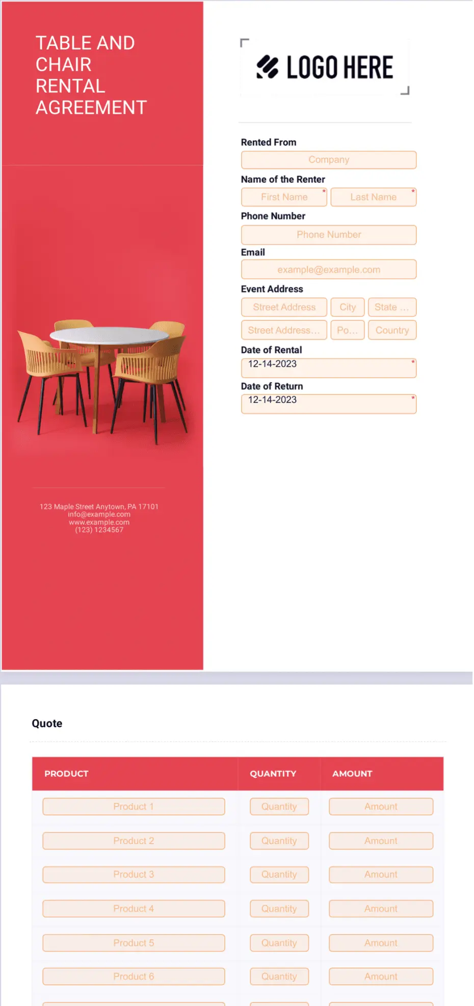 Table and Chair Rental Agreement Form - Sign Templates