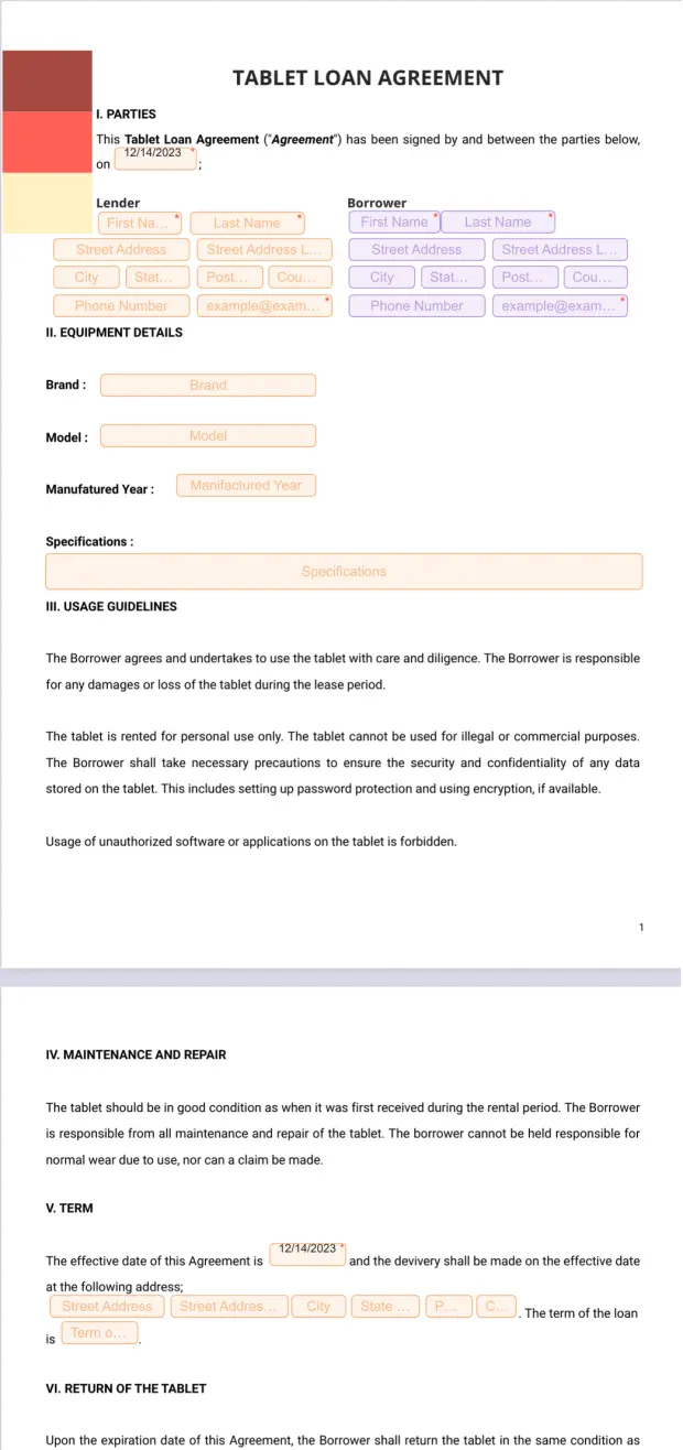 Tablet Loan Agreement Template