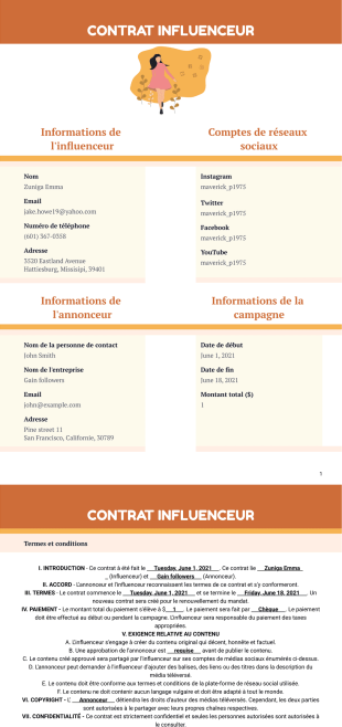 Template Contrat Influenceur - PDF Templates