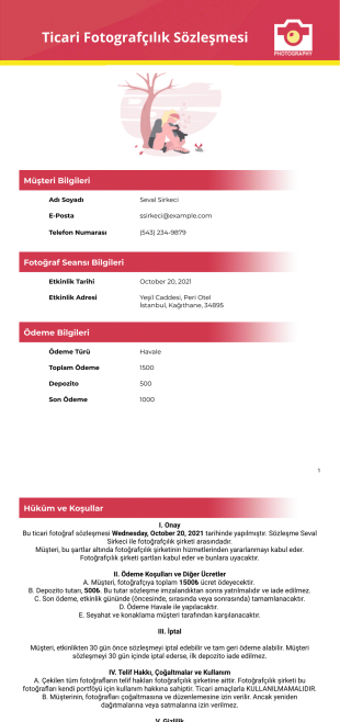Ticari Fotografçılık Sözleşmesi Şablonu - PDF Templates